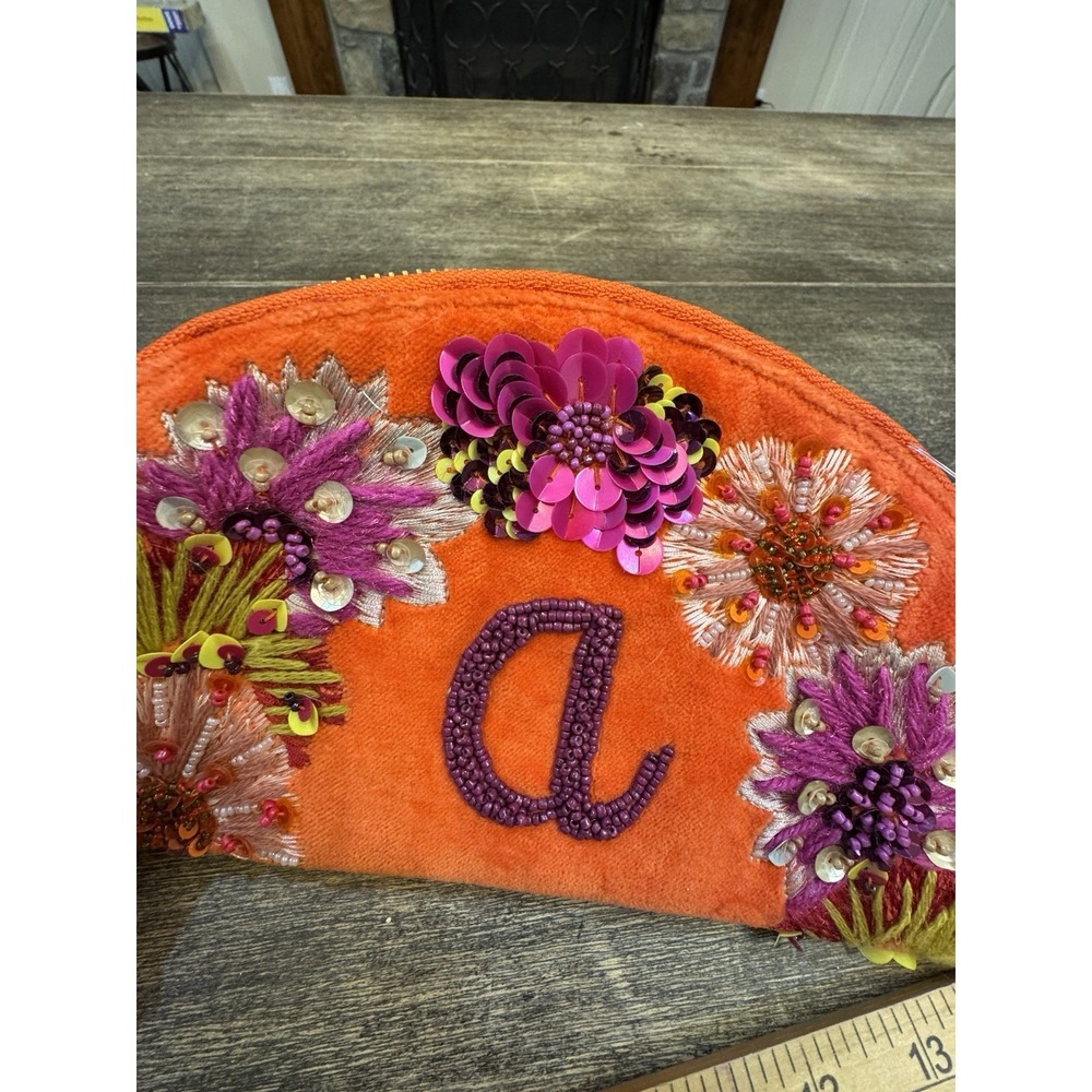 Anthropologie Monogram Crescent Pouch Orange with purple monogrammed A - Picture 6 of 10